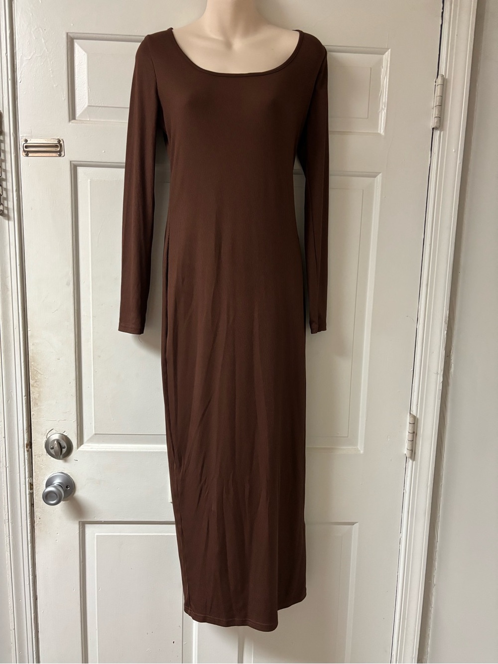 SHEIN Brown Long Sleeve Scoop Neck Maxi Dress